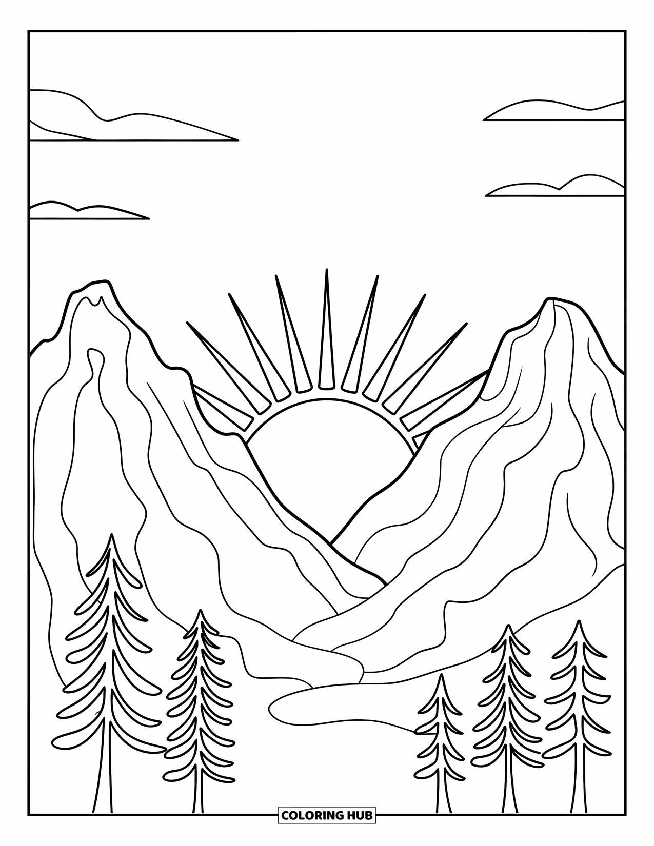 Desenho de pôr do sol para colorir para crianças: Duas montanhas suaves cercam o sol poente sob um céu tranquilo e cheio de nuvens