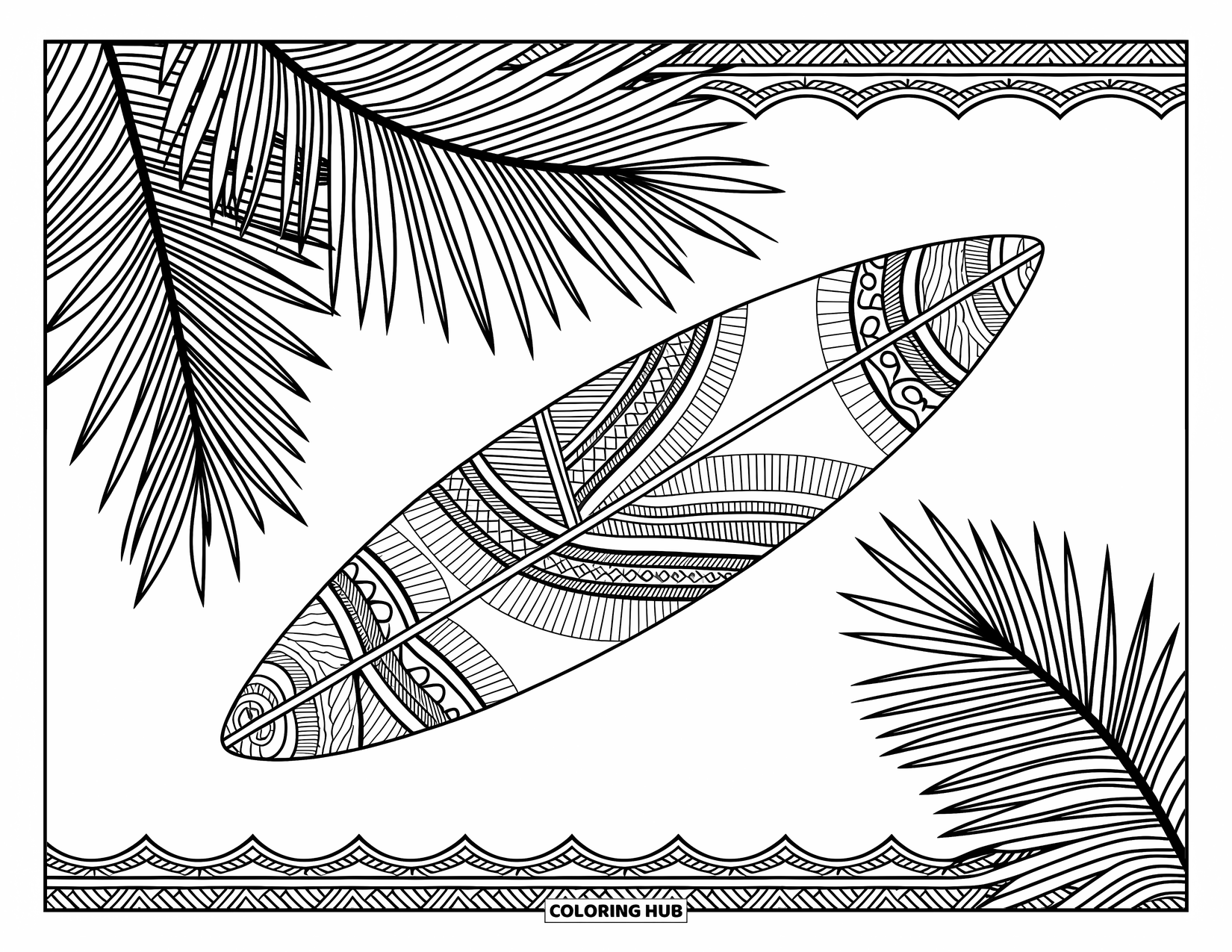 Surfboard Coloring Page for Adults: A surfboard adorned with intricate tribal patterns is framed by palm fronds