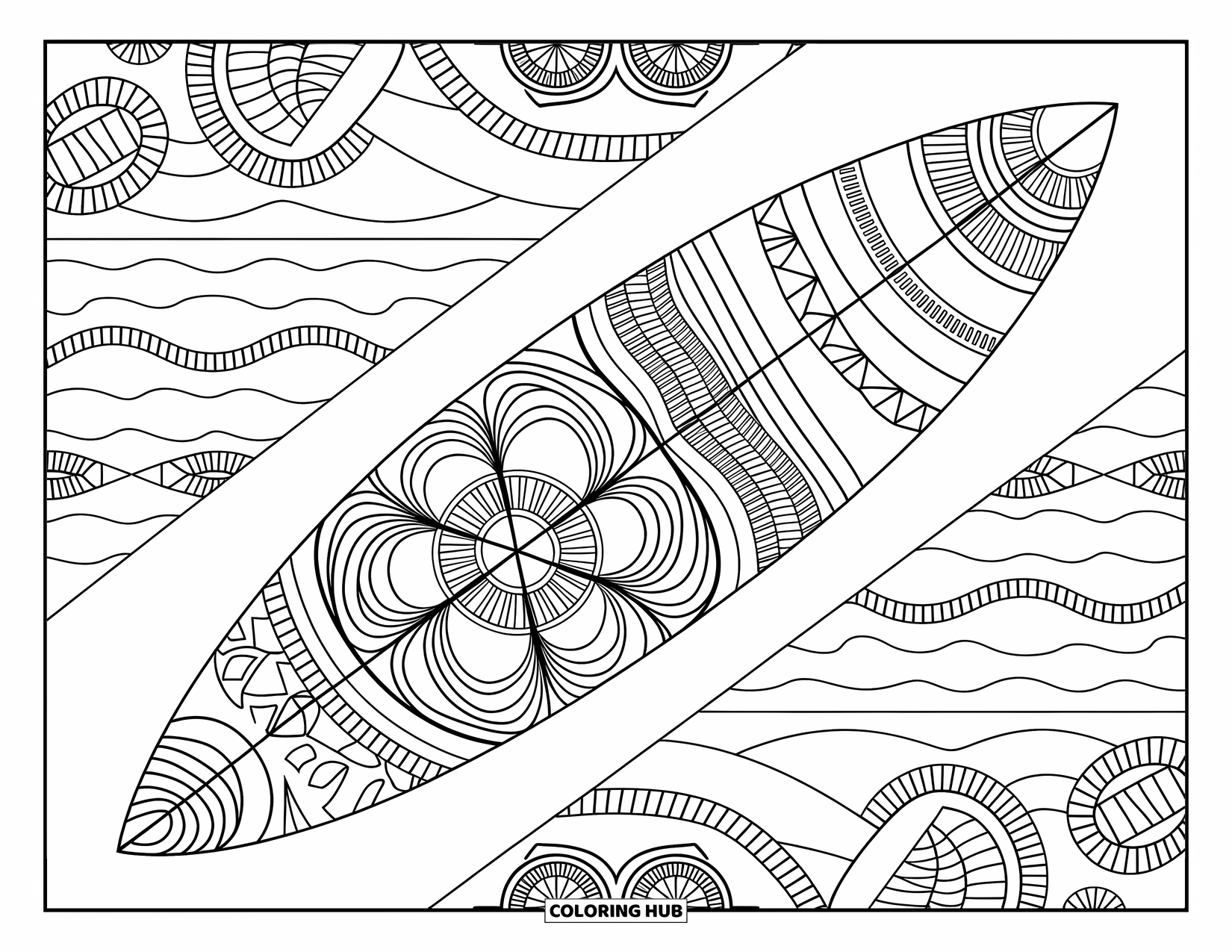 Surfboard Coloring Page for Adults: A surfboard adorned with mandala designs stands by the ocean with palm trees in the background