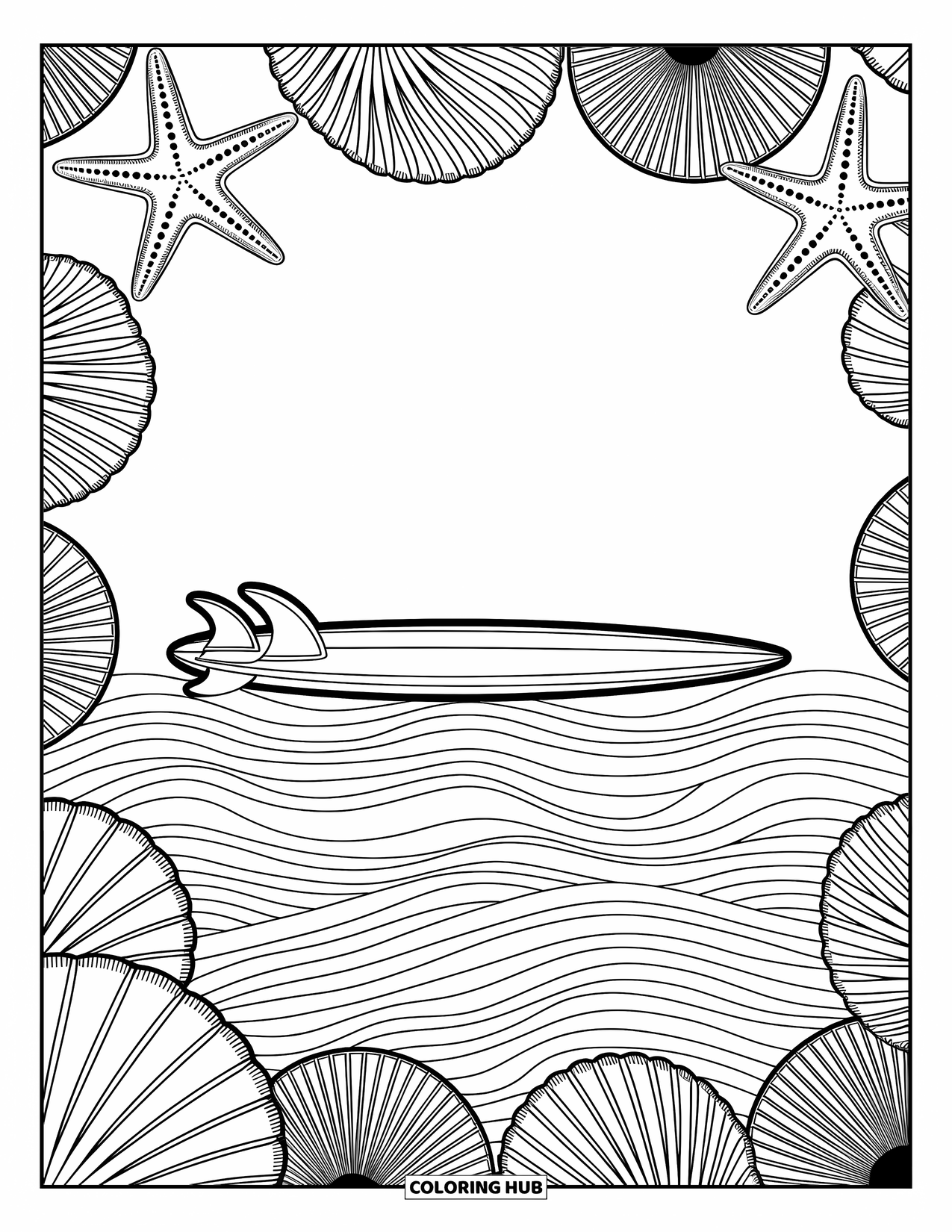 Surfboard Coloring Page for Adults: A surfboard adorned with mandalas rests by palm trees with intricate leaves