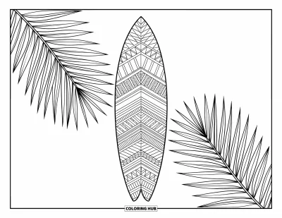 Desenho de prancha de surf para adultos: Uma prancha de surf decorada com padrões inspirados na Polinésia está perto de palmeiras