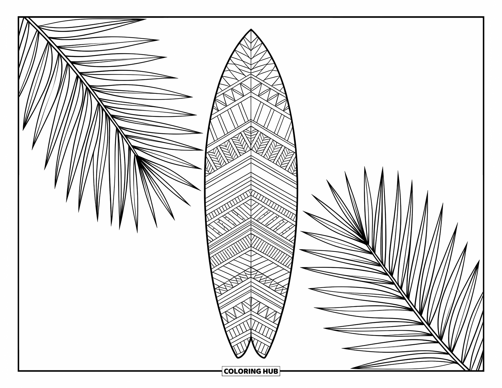 Surfboard Coloring Page for Adults: A surfboard decorated with Polynesian-inspired patterns stands by palm trees