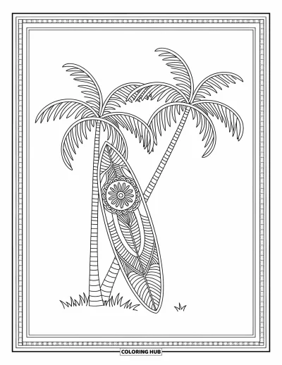Desenho de prancha de surf para colorir para adultos: Uma prancha de surf decorada com padrões tribais em pé em meio à folhagem tropical