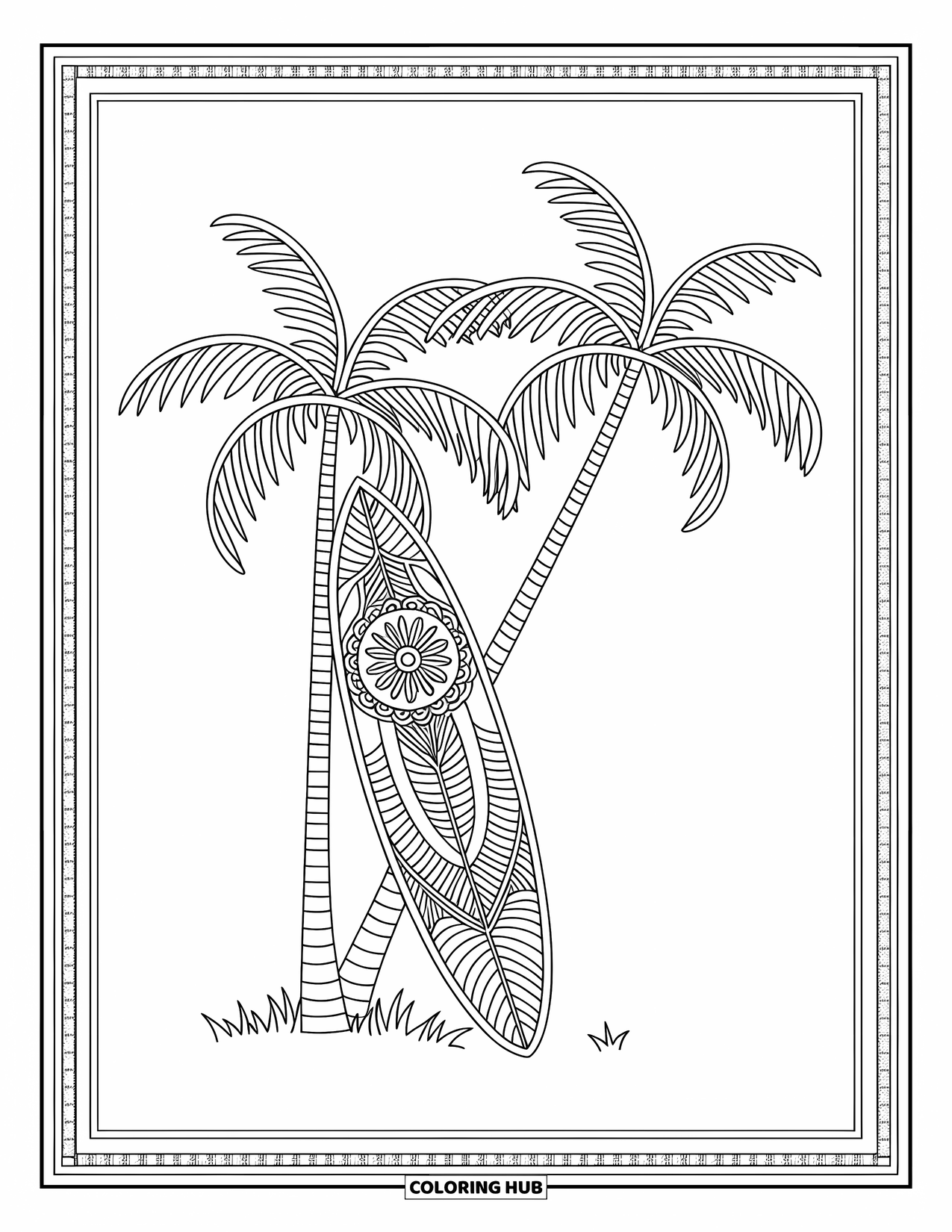 Surfboard Coloring Page for Adults: A surfboard decorated with tribal patterns stands amid tropical foliage
