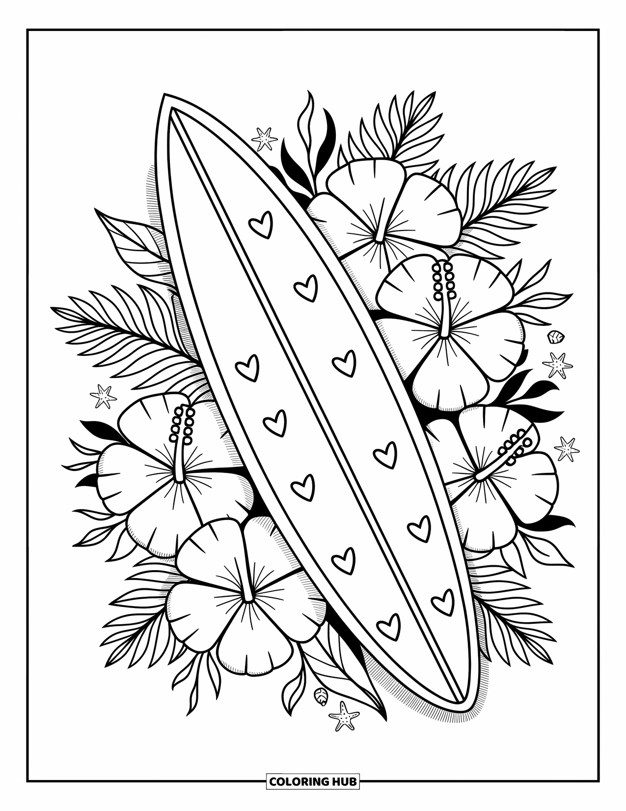 Surfboard Coloring Page for Adults: A surfboard decorated with wave patterns floats among tropical fish and turtles