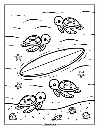 Desenho de prancha de surf para colorir para adultos: Uma prancha de surf decorada com padrões de ondas em pé perto de uma placa de praia e flores