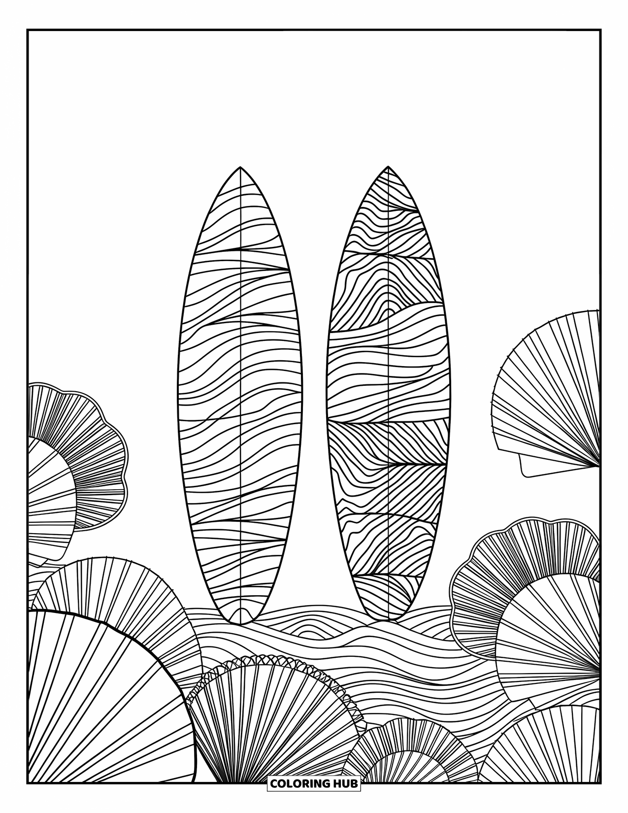 Surfboard Coloring Page for Adults: A surfboard rests by a serene ocean horizon with palm trees swaying