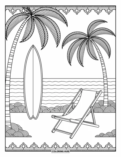 Desenho de prancha de surf para colorir para adultos: Uma prancha de surf apoiada nas ondas cercada por estrelas-do-mar e conchas