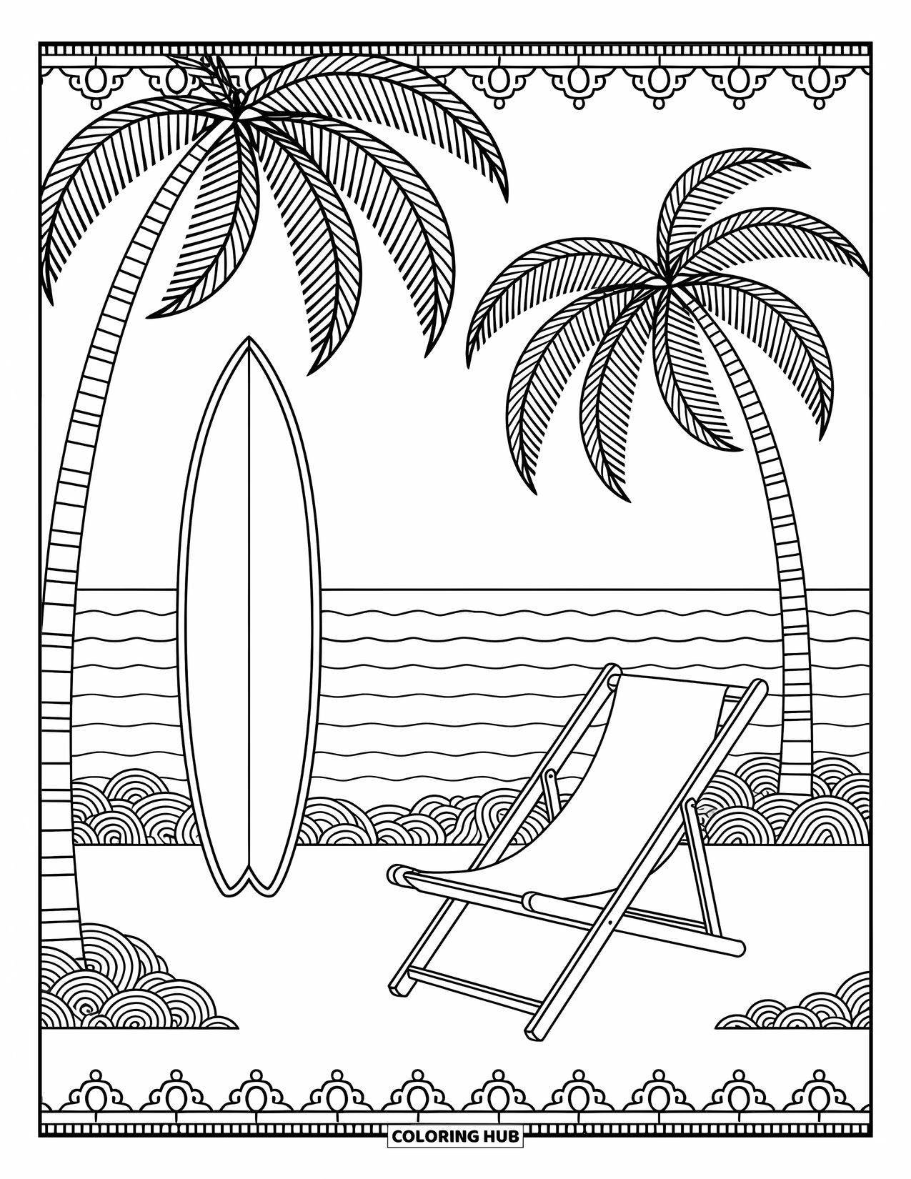 Surfboard Coloring Page for Adults: A surfboard rests on waves surrounded by starfish and seashells