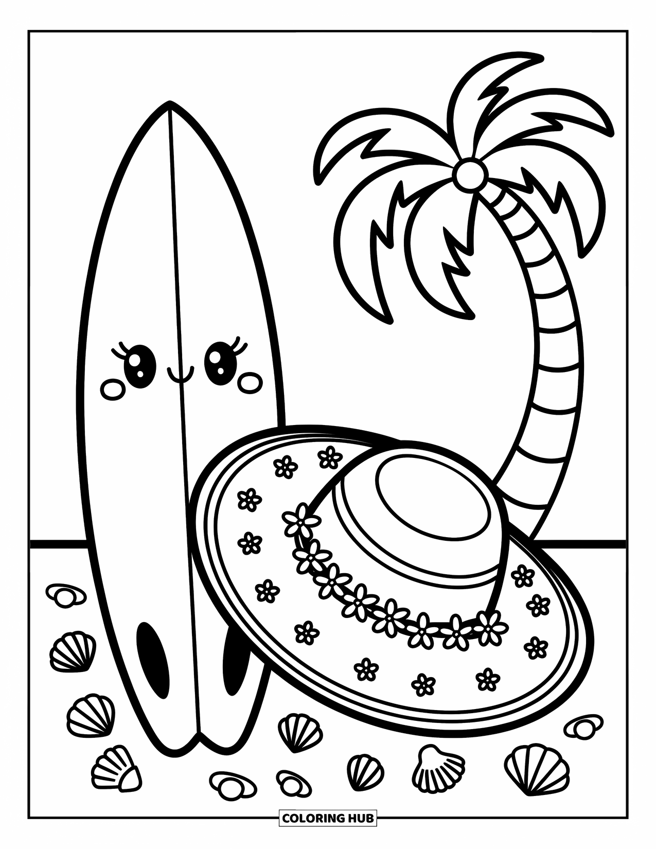 Surfboard Coloring Page for Adults: A surfboard rides gentle waves with happy dolphins and seashells nearby
