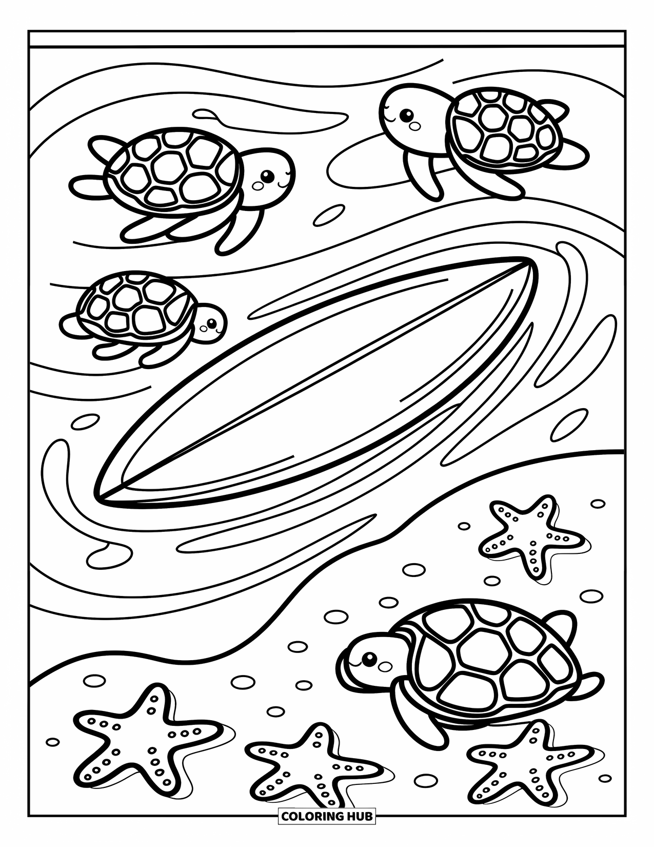Surfboard Coloring Page for Adults: A surfboard rides waves with a playful seagull and a distant tropical island