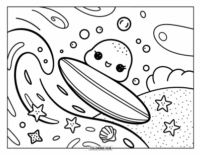 Desenho de prancha de surf para colorir para adultos: Uma prancha de surf surfando nas ondas com tartarugas marinhas kawaii e estrelas-do-mar brincalhonas por perto