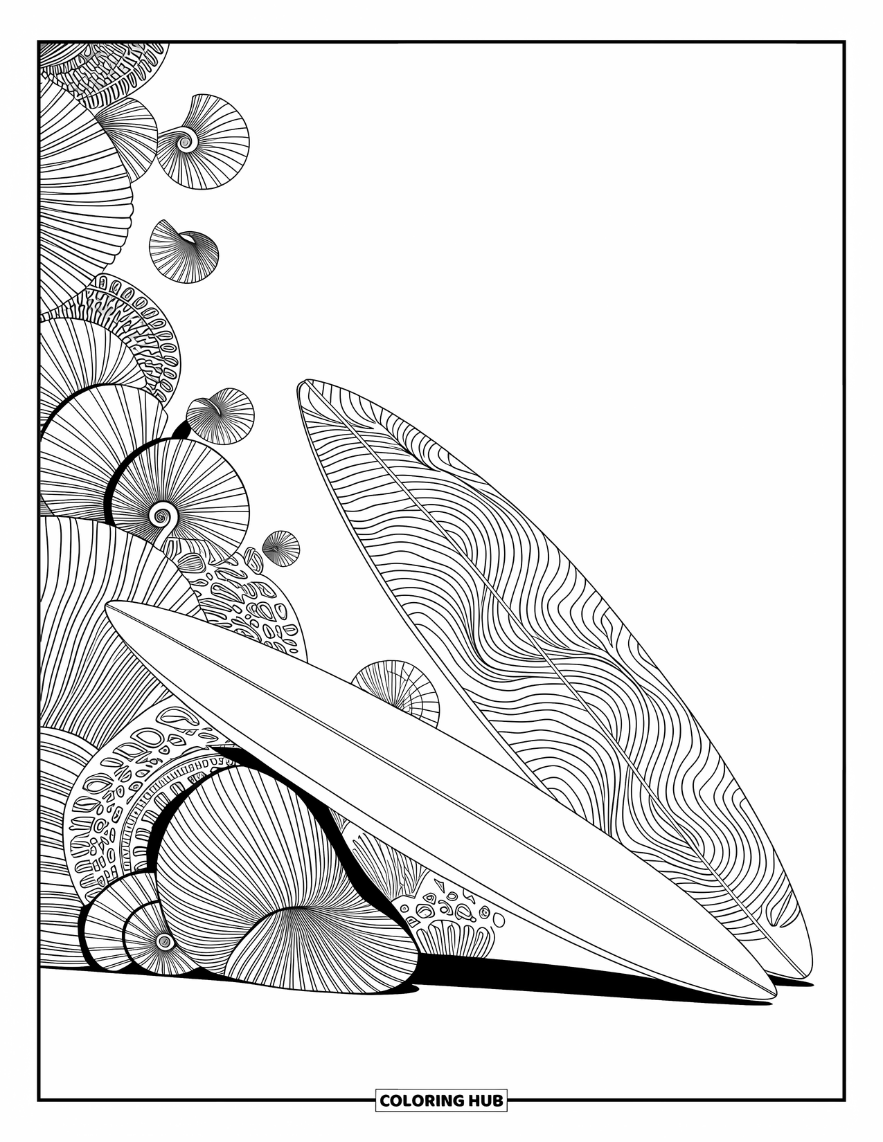 Surfboard Coloring Page for Adults: A surfboard stands against an ocean horizon with a beach chair and palm trees