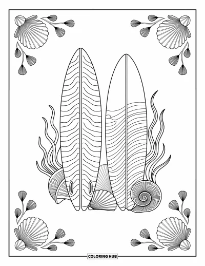 Desenho de prancha de surf para colorir para adultos: Uma prancha de surf em pé perto de palmeiras e uma cadeira de praia com vista para o oceano