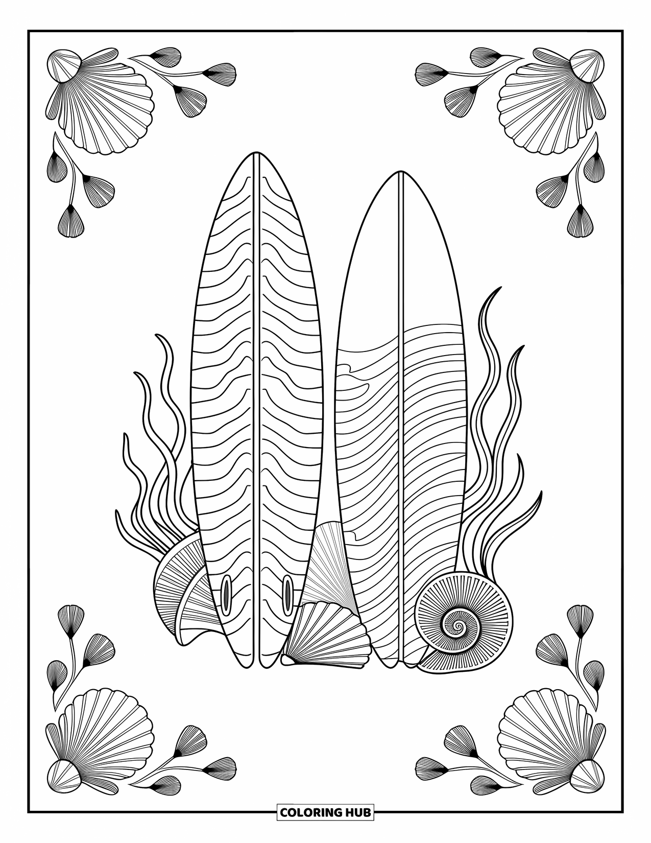 Surfboard Coloring Page for Adults: A surfboard stands by palm trees and a beach chair overlooking the ocean