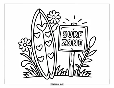Desenho de prancha de surf para colorir para adultos: Uma prancha de surf sob o sol com um chapéu de verão e conchas perto de uma palmeira