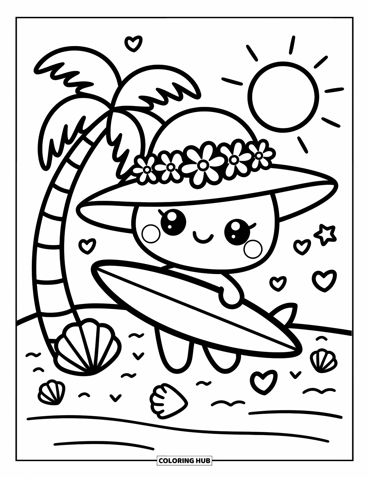 Surfboard Coloring Page for Adults: A surfboard with a "Surf's Up!" sign stands on a sandy beach with palm trees