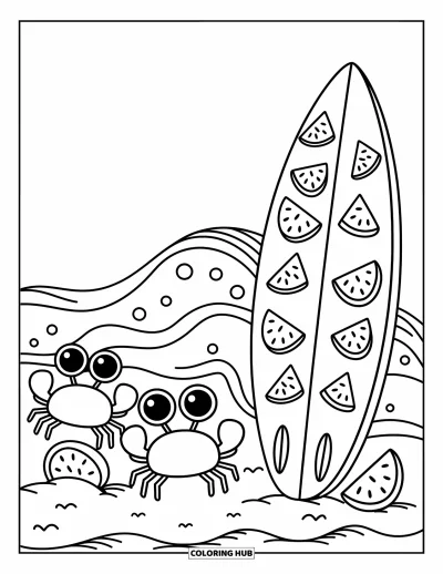 Desenho de prancha de surf para colorir para adultos: Uma prancha de surf com um padrão de onda apoiada em pé ao lado de conchas e grama de praia