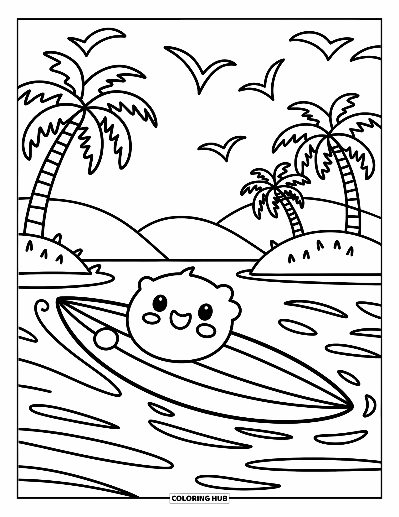 Surfboard Coloring Page for Adults: A surfboard with bold stripes stands by a wooden sign reading "Surf Zone