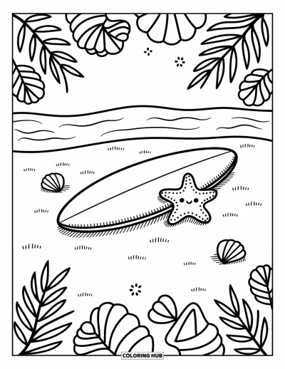 Desenho de prancha de surf para colorir para adultos: Uma prancha de surf com padrões alegres em pé perto de um farol e conchas