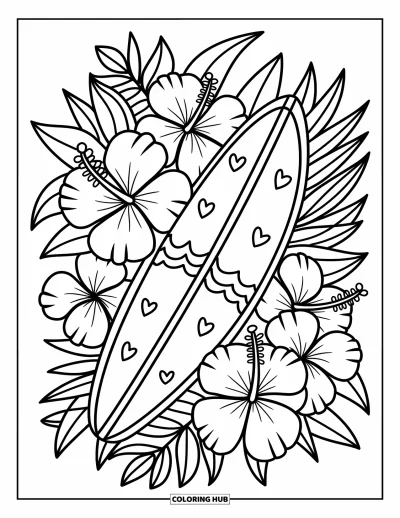 Desenho de prancha de surf para colorir para adultos: Uma prancha de surf com padrões florais fofos apoiada na areia ao lado de um castelo de areia
