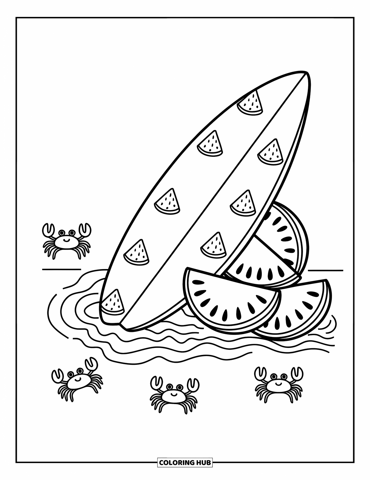 Surfboard Coloring Page for Adults: A surfboard with cute watermelon patterns floats on waves with tropical fish