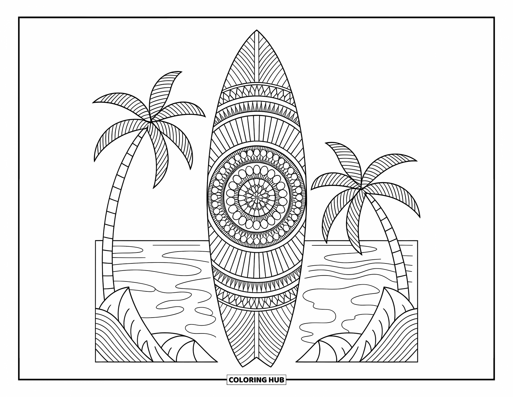 Surfboard Coloring Page for Adults: A surfboard with detailed mandala patterns floats on calm waves under palm trees