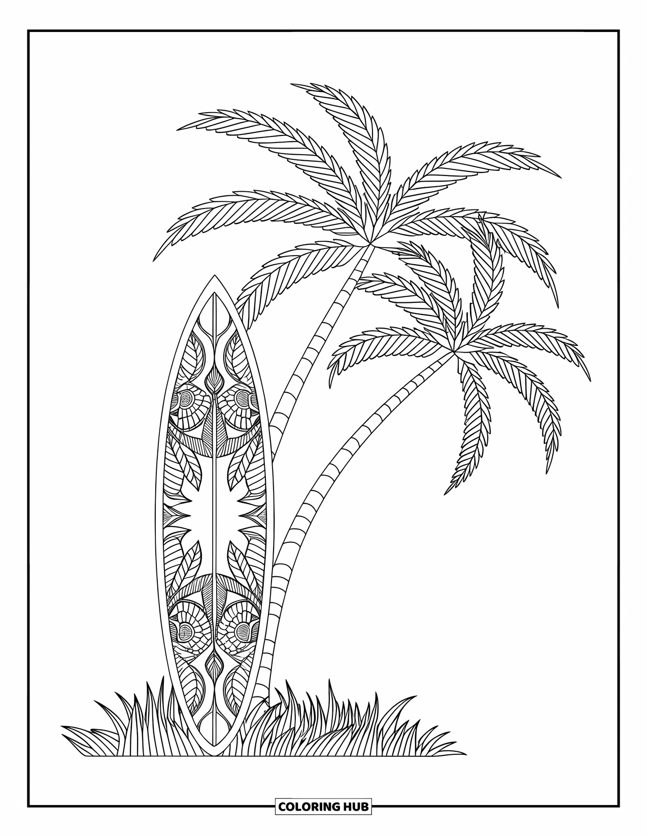 Surfboard Coloring Page for Adults: A surfboard with detailed patterns leans by foliage with waves in the background