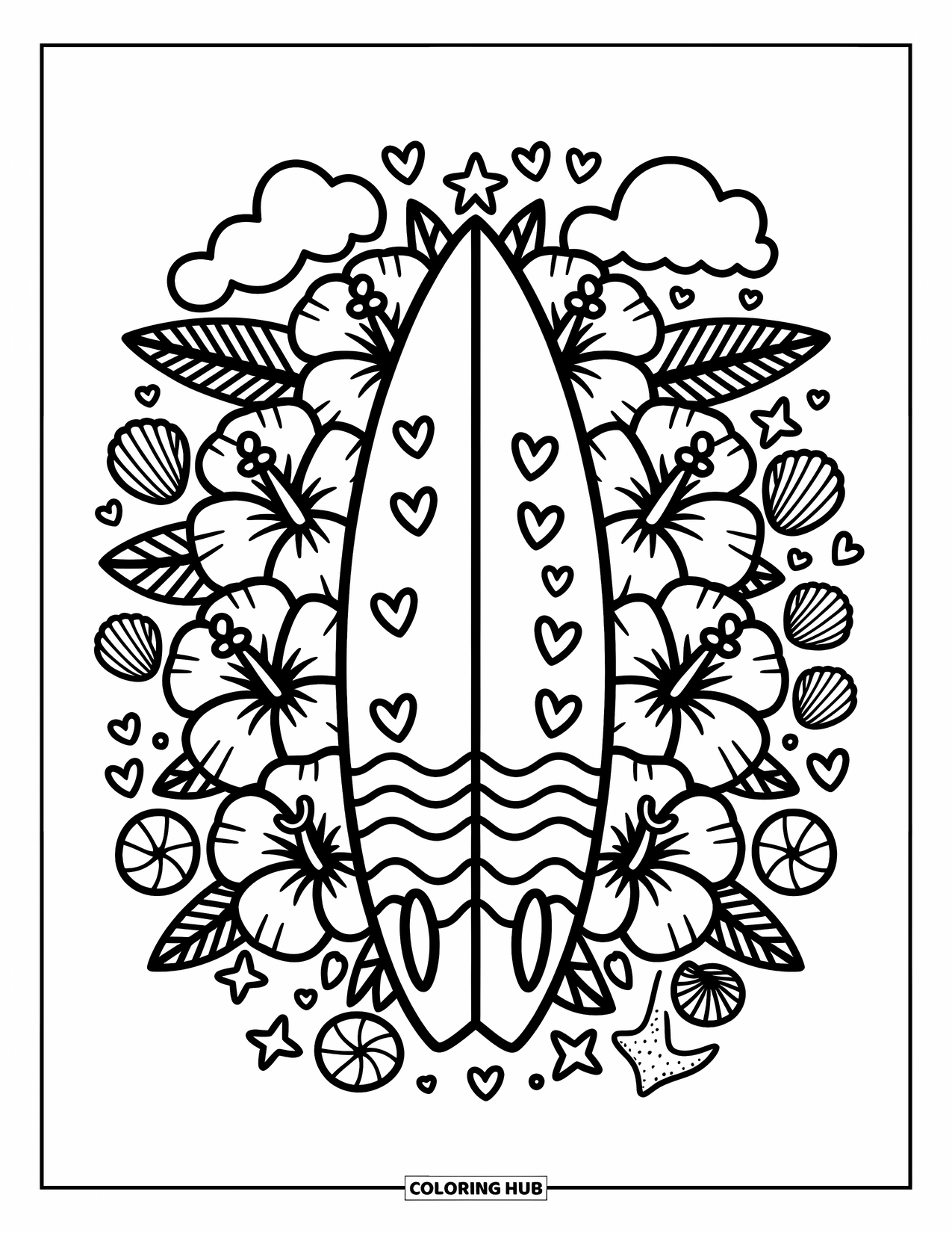 Surfboard Coloring Page for Adults: A surfboard with fruit slice patterns stands by palm trees and seashells