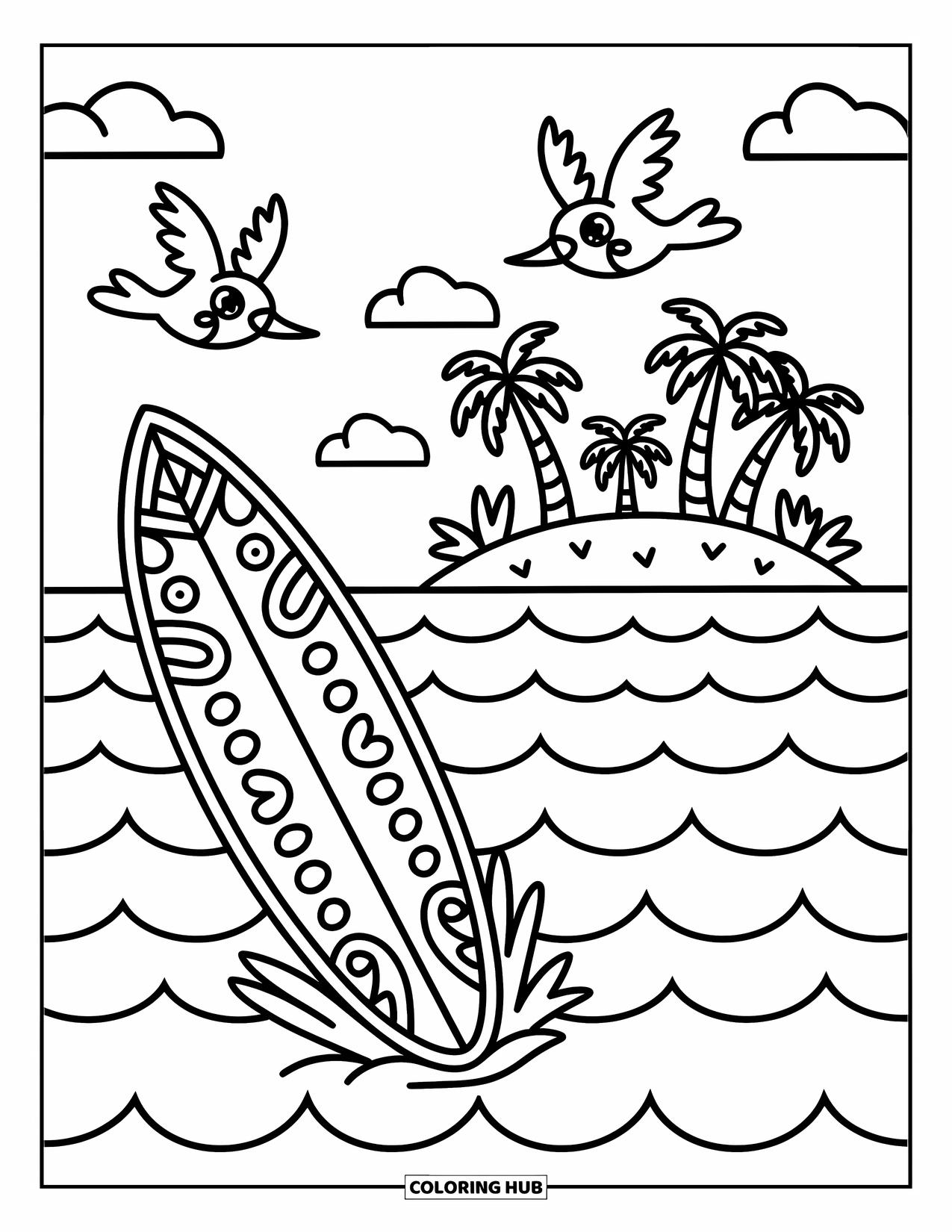 Surfboard Coloring Page for Adults: A surfboard with heart and flower patterns leans against a palm tree on the beach