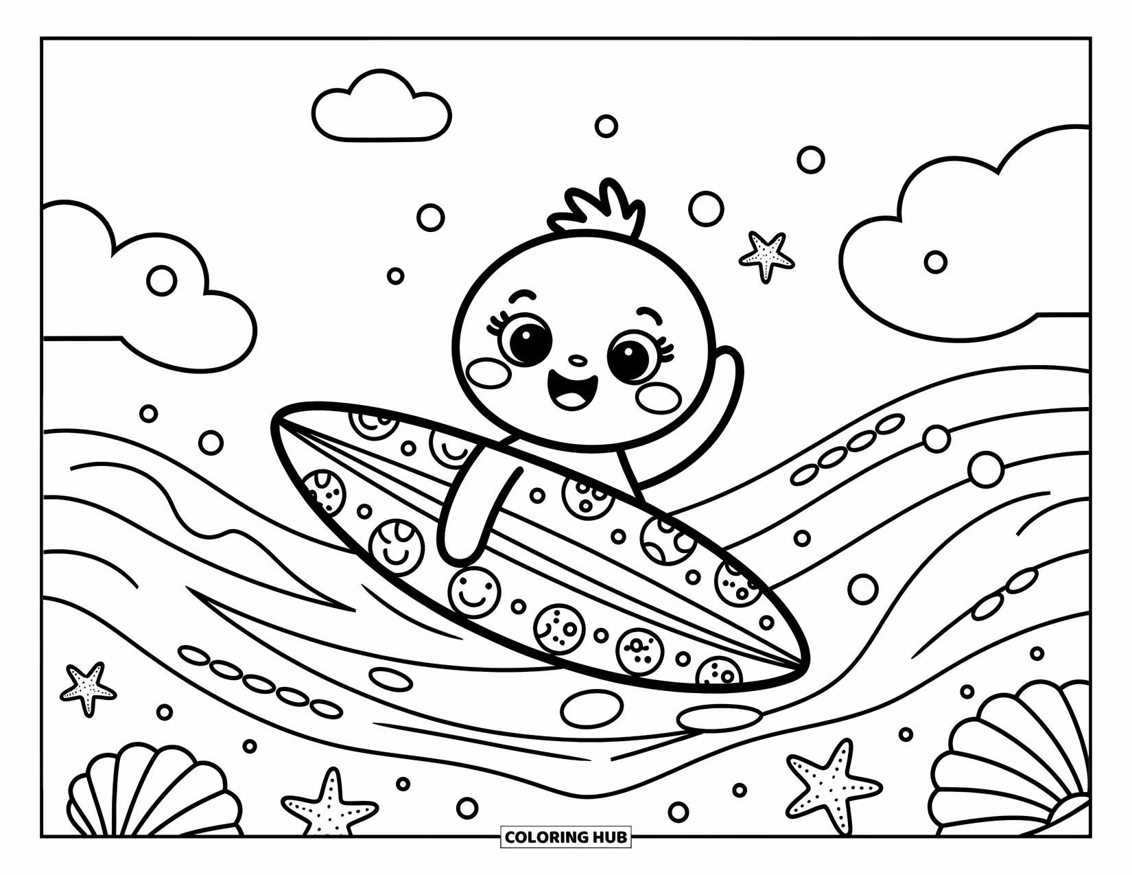 Surfboard Coloring Page for Adults: A surfboard with heart-shaped patterns beside a beach sign and beach grass