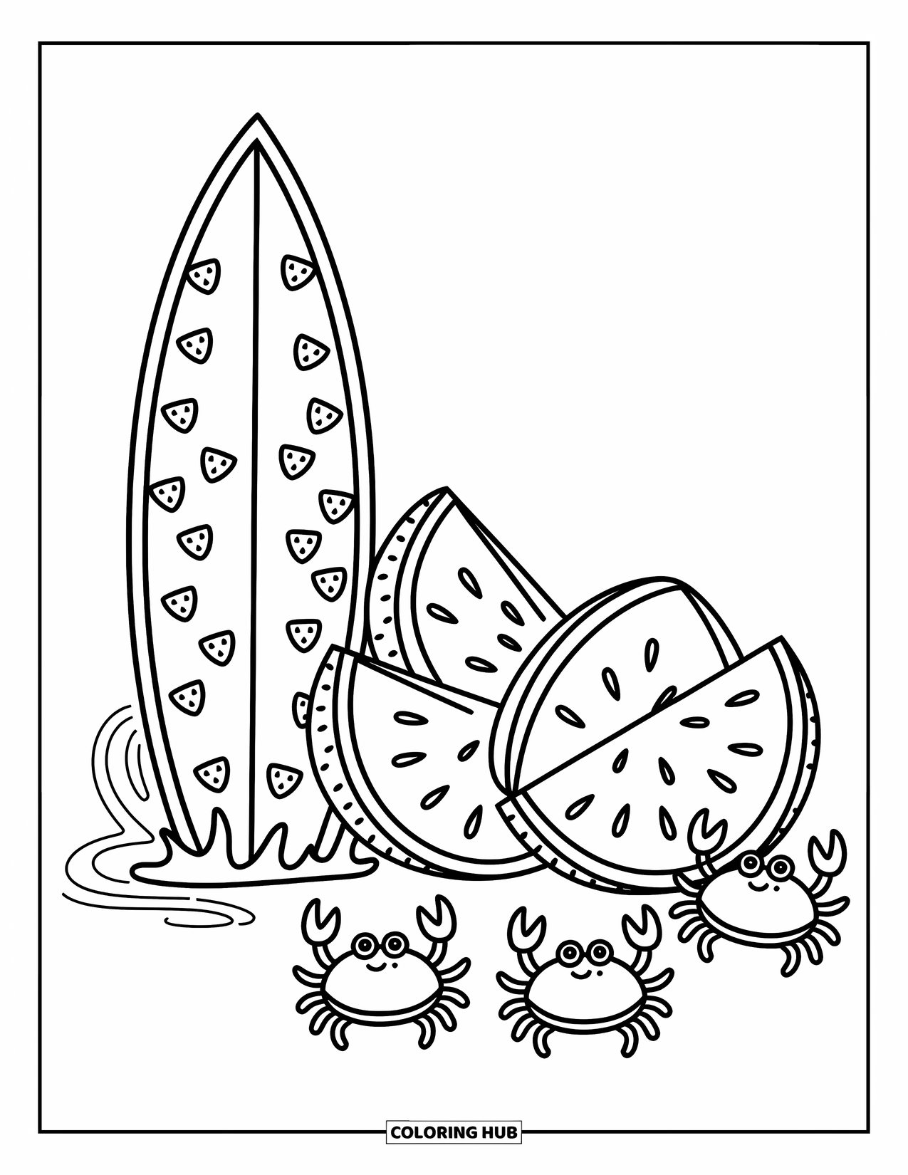 Surfboard Coloring Page for Adults: A surfboard with hearts and stripes leans against a beach fence with beach signs