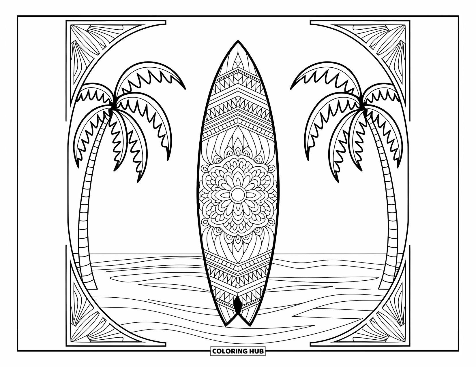Surfboard Coloring Page for Adults: A surfboard with intricate mandala patterns rests by gentle waves and palm trees