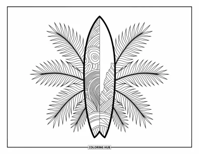 Desenho de prancha de surf para adultos: Uma prancha de surf com padrões tribais intrincados descansa entre folhas de palmeira detalhadas
