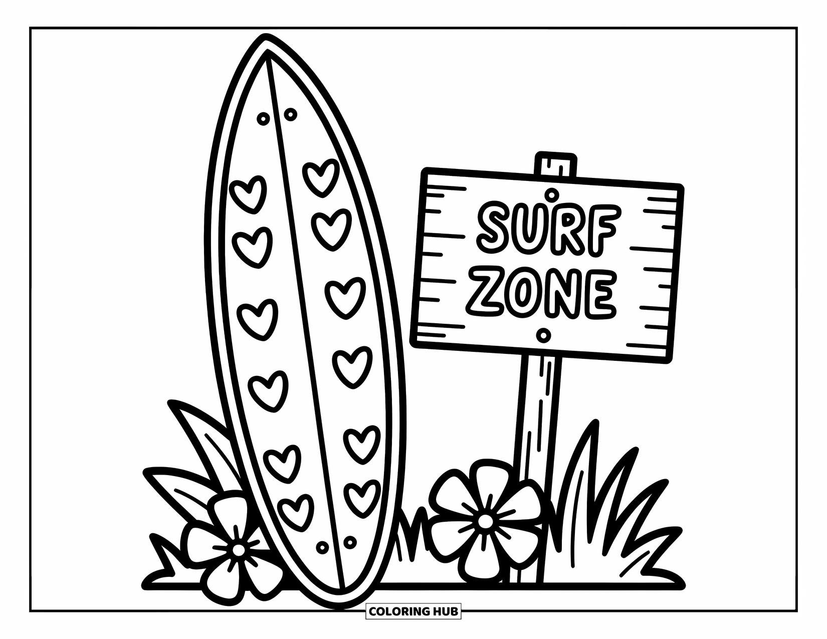 Surfboard Coloring Page for Adults: A surfboard with kawaii doodles floats among sea turtles and starfish on calm waves