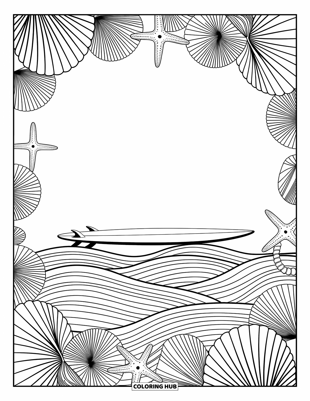 Surfboard Coloring Page for Adults: A surfboard with mandala designs leans against palm trees with detailed fronds