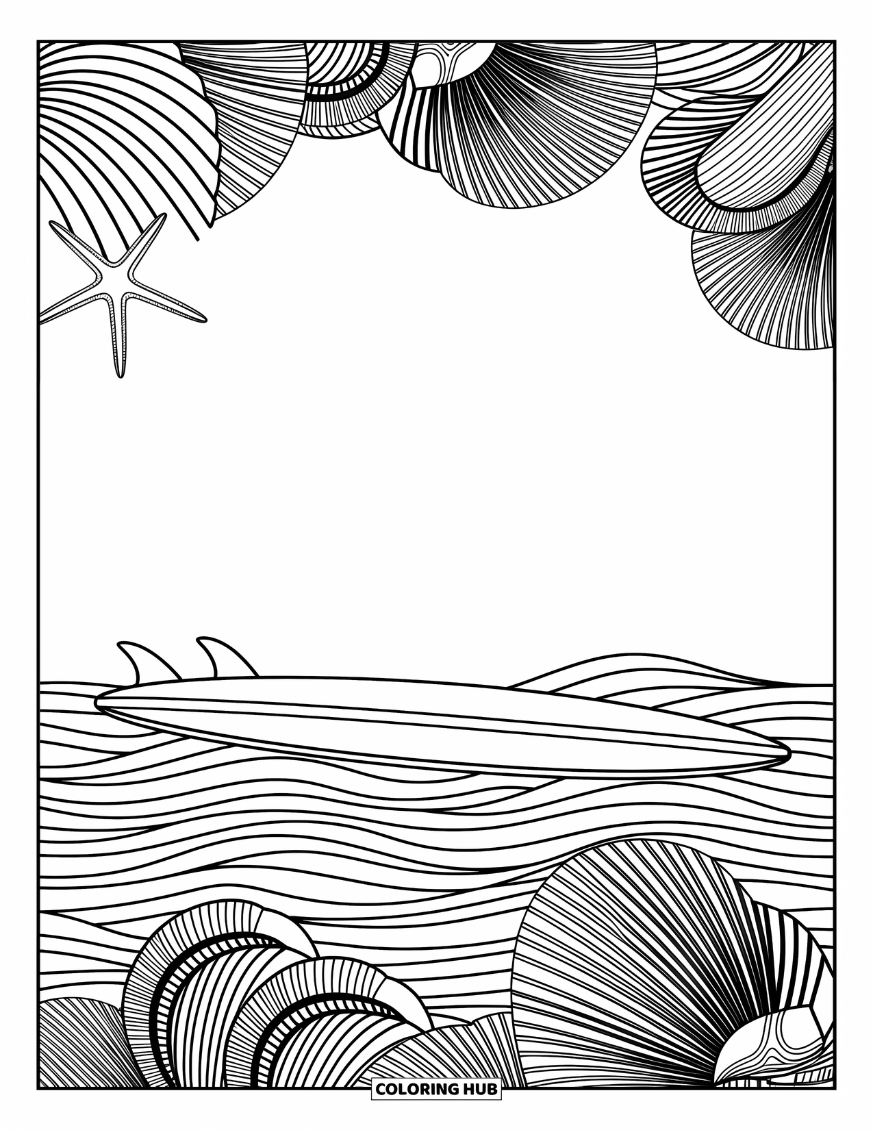 Surfboard Coloring Page for Adults: A surfboard with mandala patterns leans against swaying palm trees