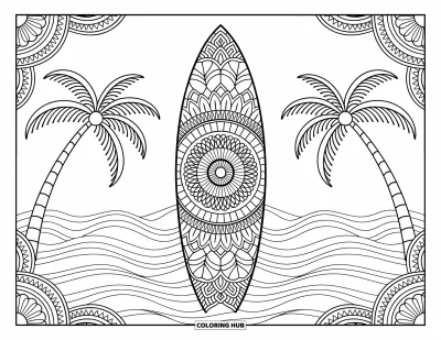 Desenho de prancha de surf para colorir para adultos: Uma prancha de surf com padrões de mandala encostada em palmeiras contra um cenário sereno do oceano