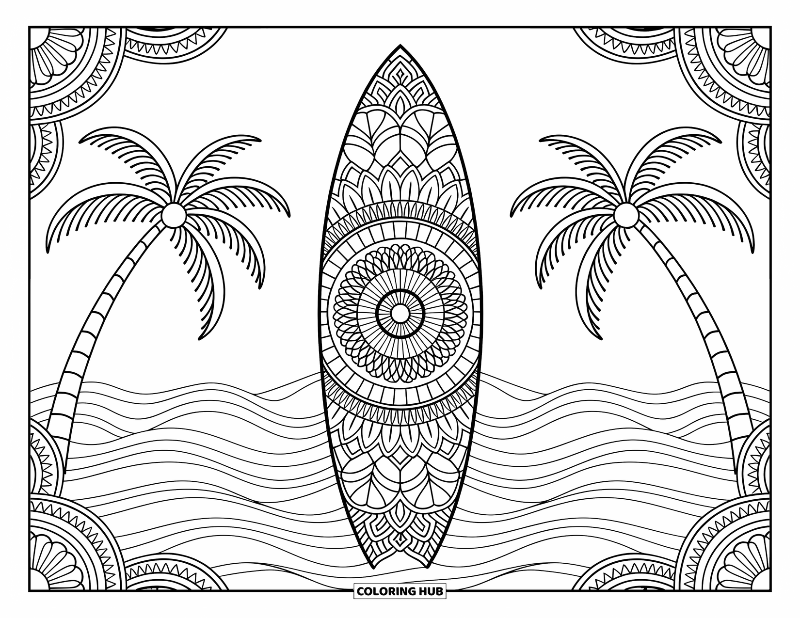 Surfboard Coloring Page for Adults: A surfboard with mandala patterns leans by palm trees against a serene ocean backdrop