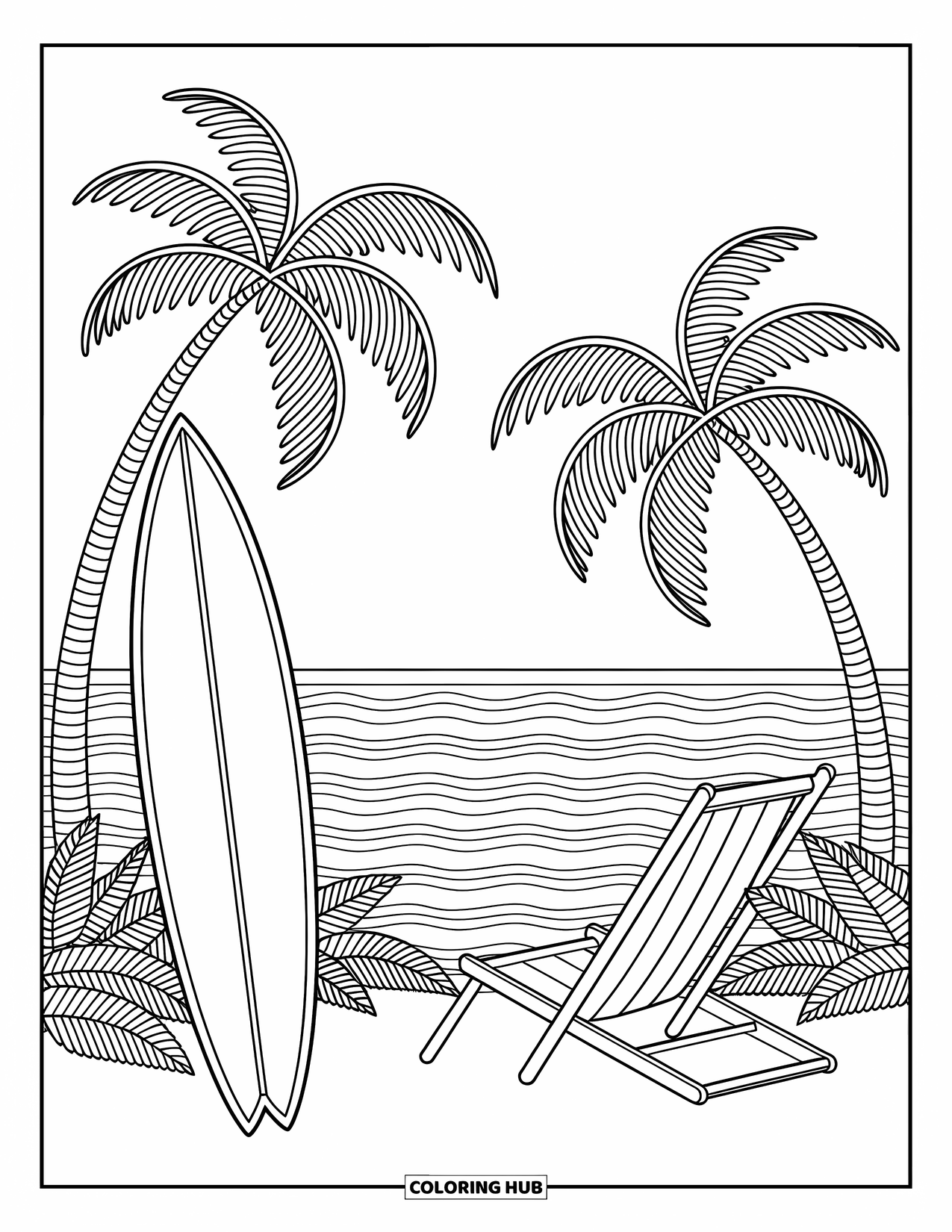 Surfboard Coloring Page for Adults: A surfboard with ocean-inspired patterns floats among starfish and seashells
