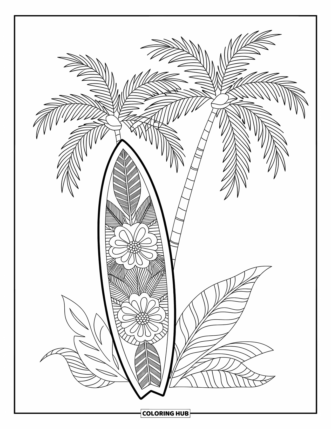 Surfboard Coloring Page for Adults: A surfboard with Polynesian designs rests by lush foliage and ocean waves