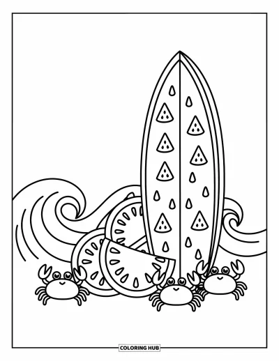Desenho de prancha de surf para colorir para adultos: Uma prancha de surf com padrões de redemoinho e zigue-zague em pé perto de palmeiras e cadeiras de praia