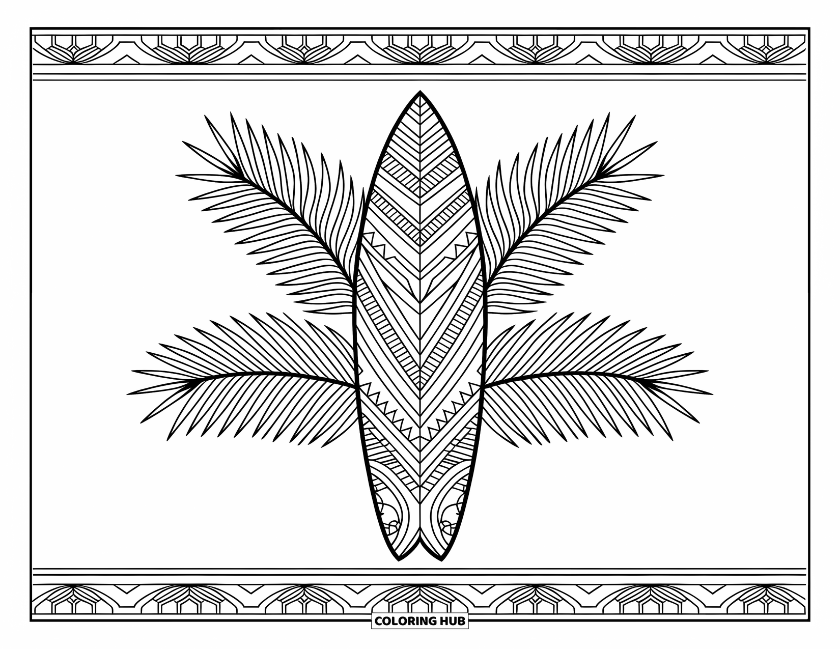Surfboard Coloring Page for Adults: A surfboard with tribal designs leans by palm fronds and ocean waves