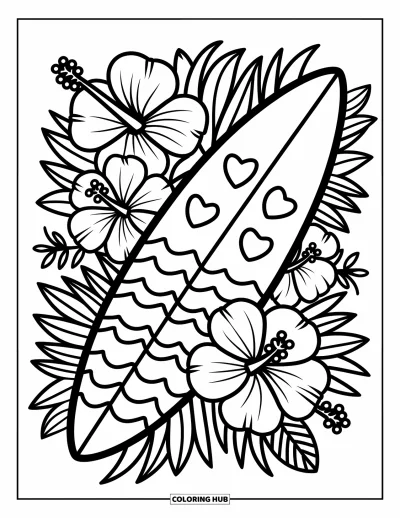 Desenho de prancha de surf para colorir para adultos: Uma prancha de surf com padrões tribais surfando nas ondas cercada por estrelas-do-mar e conchas