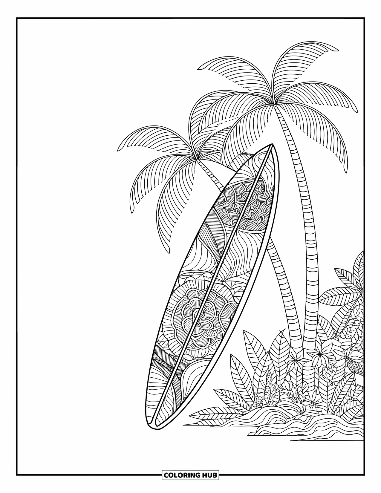 Surfboard Coloring Page for Adults: A surfboard with tribal patterns stands upright by tropical foliage and waves