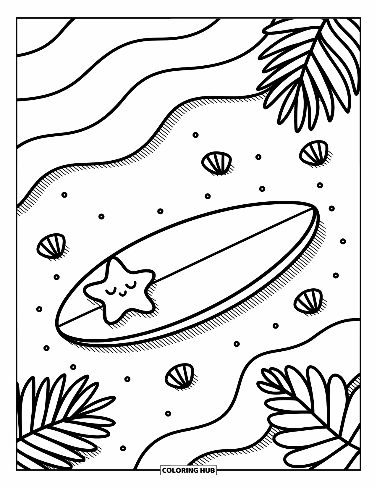 Surfboard Coloring Page for Adults: A surfboard with tropical designs floats on waves with seagulls and palm trees