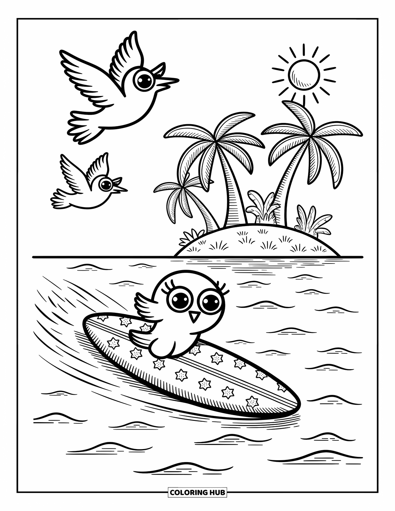 Surfboard Coloring Page for Adults: A surfboard with tropical flower designs floats on waves with seagulls flying above