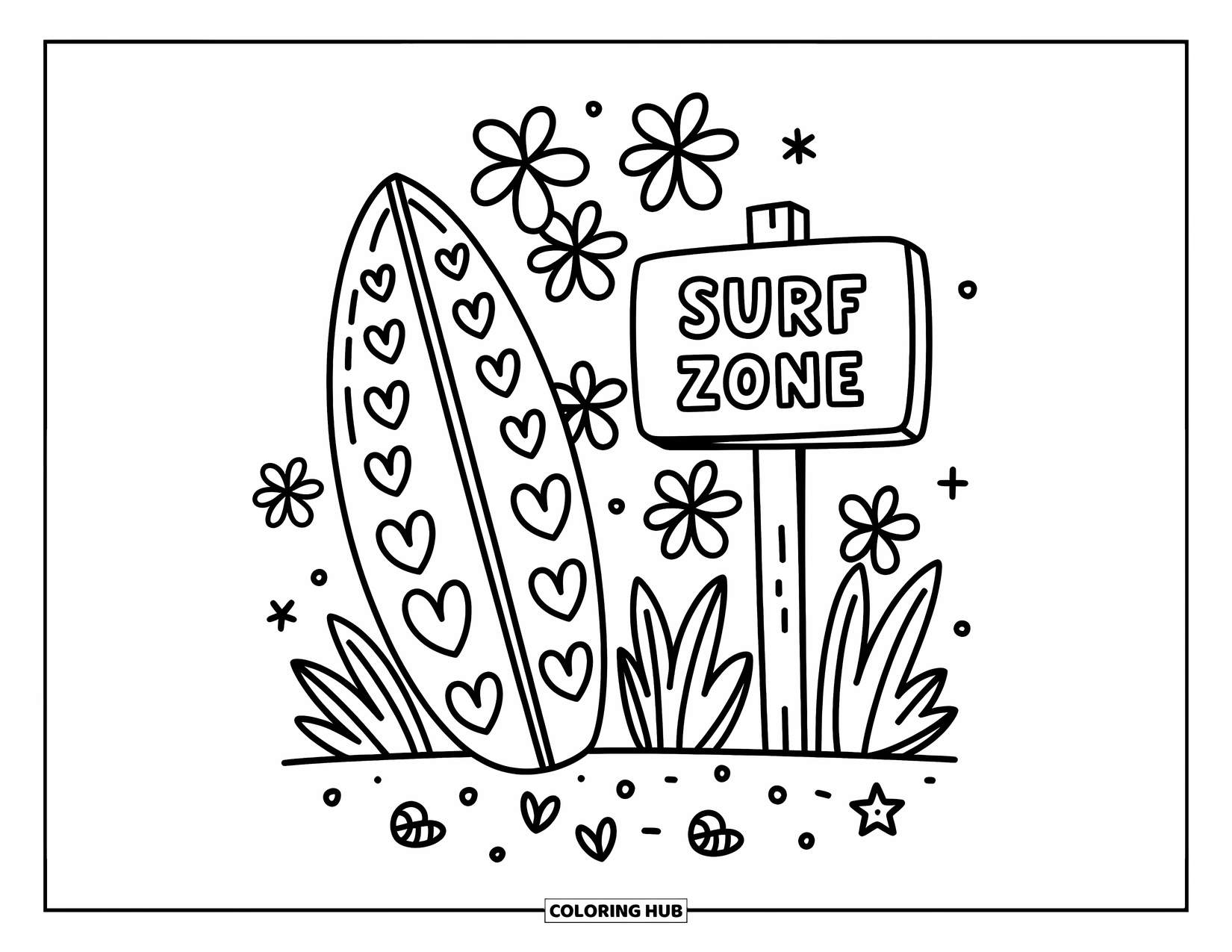 Surfboard Coloring Page for Adults: A surfboard with tropical flower patterns stands by palm trees and seashells