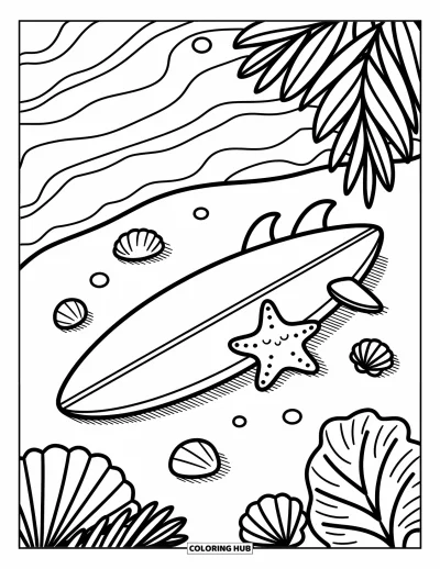 Desenho de prancha de surf para colorir para adultos: Uma prancha de surf com folhas tropicais em pé na areia com conchas e uma pequena estrela-do-mar