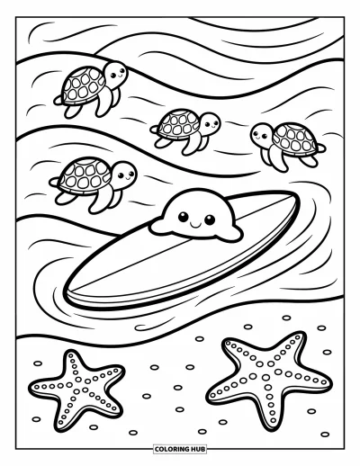 Desenho de prancha de surf para colorir para adultos: Uma prancha de surf com padrões de melancia em pé ao lado de fatias de frutas e caranguejos curiosos